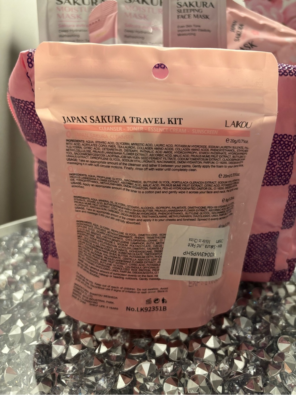 Japan Sakura Pink Travel Kit & Pink Checkered Cosmetic Bag NWT - Picture 5 of 6